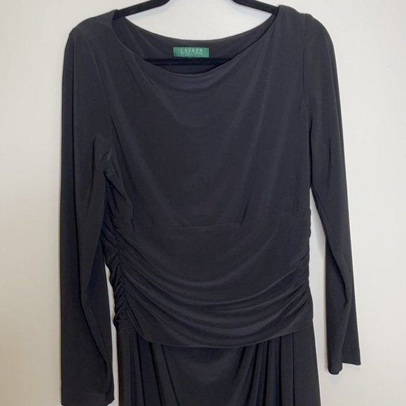 Lauren Ralph Lauren Ruched Midi Dress Black Long Sleeves Calf Length Size 10 - Picture 2 of 7